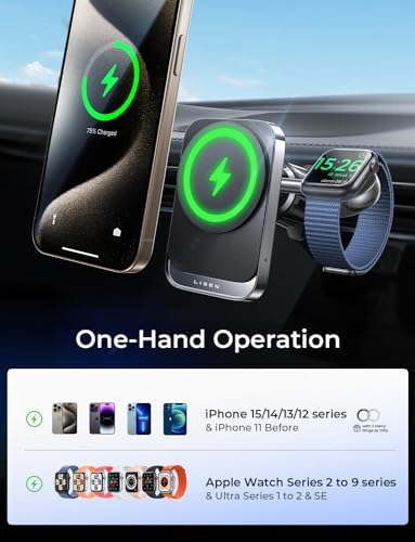 LISEN 2-in-1 Mag Safe Car Mount Charger: Fast Wireless Charging & Magnetic Holder for i Phone 12-16 & Apple Watch – Ultimate Convenience for On-the-Go Power Solutions Enhance your driving experience with the LISEN 2-in-1 Mag Safe Car Mount Charger, engineered for efficiency and style. This innovative accessory integrates a powerful 18 W wireless charger with a secure magnetic phone holder, perfect for keeping your i Phone (models 12-16, including Pro Max and Plus) and Apple Watch charged simultaneously. The robust magnetic grip ensures your devices stay stable even on bumpy roads, providing a hands-free navigation experience. Designed to fit seamlessly into most car air vents, this sleek charger not only simplifies your charging routine but also keeps your dashboard clutter-free. Built from high-quality materials, the LISEN car mount is both durable and easy to maintain, making it an essential addition to your car accessories. Elevate your on-the-go lifestyle with this fast, reliable charging solution that combines functionality and modern aesthetics.