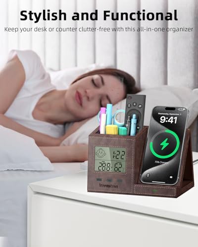 Multi-Functional Desk Organizer with Wireless Charging, Digital Thermometer & Humidity Monitor – Stylish Brown Pen Holder for Home Office Efficiency and Clutter-Free Workspace