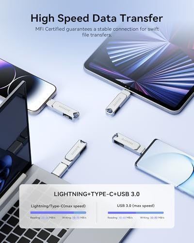 MFi Certified 128 GB High-Speed USB Flash Drive – Versatile Photo Stick for i Phone, i Pad, Android & PC – Seamless Dual Interface, Compact Design for Effortless Data Transfer and Storage Solutions