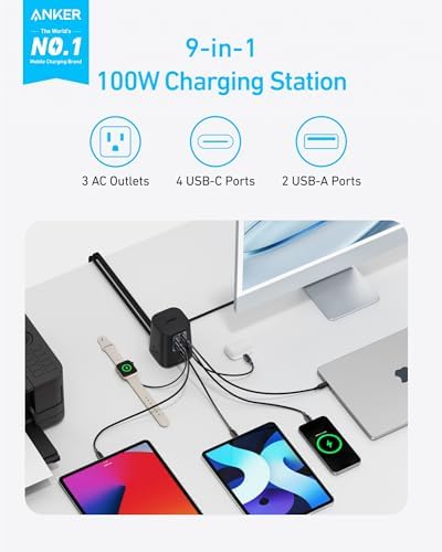 Ultimate 9-in-1 Anker Charging Station (100 W) – High-Speed USB-C Power Strip with 300 J Surge Protection, 3 AC Outlets, 4 USB-C & 2 USB-A Ports, 5 ft Flat Cable for Home & Office – Maximize Device Compatibility and Safety