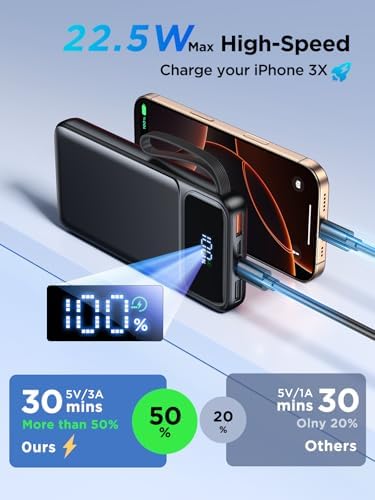Ultra-Slim 10000 m Ah Power Bank with Built-In Cable – 22.5 W Fast Charging Portable Charger for i Phone, Samsung, Pixel & More – 6 Outputs, 3 Inputs, LED Battery Indicator – Essential Travel Companion for Busy Lifestyles