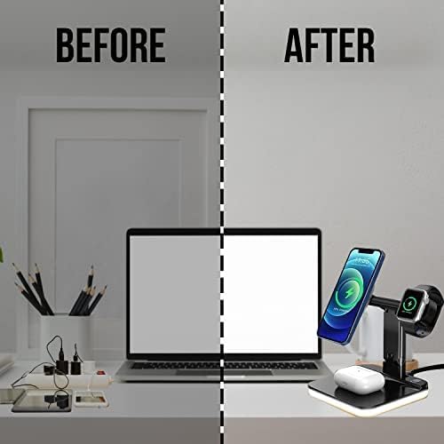 Elevate Your Charging Experience with the Lumi Charge 4-in-1 Qi Wireless Charging Station – Fast, Sleek Multi-Device Dock for Mag Safe, Apple Watch & Air Pods – Innovative Charging Hub Featuring Integrated LED Night Light, USB-C Cable, and Safety Features – Space-Saving Solution for Tech Lovers