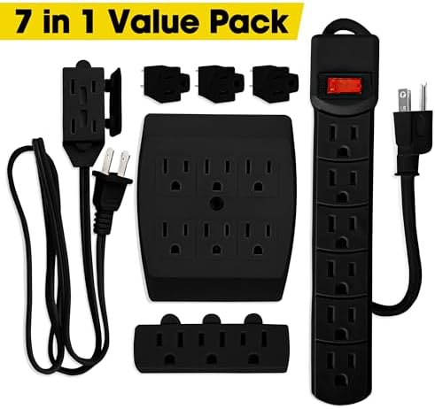 Comprehensive 7-Piece Multi-Outlet Power Management Kit – Versatile 6 Outlet Power Strip, Dual Outlet Extenders, 5 Ft Indoor Extension Cord & 3 Prong Adapters for Enhanced Compatibility – Essential Home & Office Surge Protection Solution in Sleek White Design