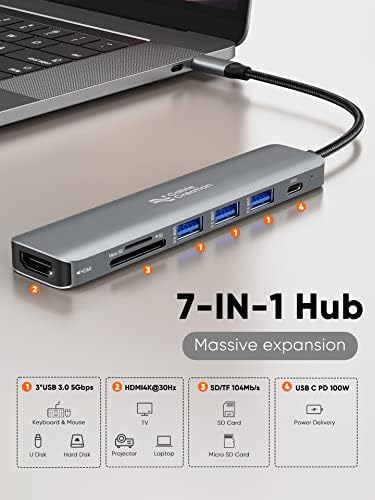 Unlock Ultimate Connectivity with the 7-in-1 USB C Hub 4 K 60 Hz | Cable Creation Multiport Adapter for Seamless 1 Gbps Ethernet, Stunning HDMI Display, Dual USB 3.0 Ports, 100 W PD Charging & SD/TF Card Support – Perfect for Mac Book Pro, i Pad Pro & Steam Deck Users!