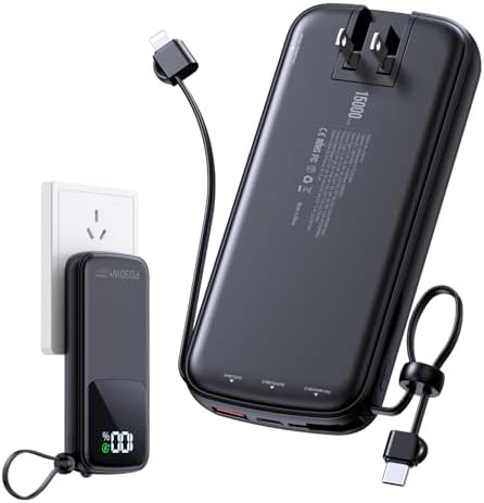 Ultimate 15,000 m Ah Portable Power Bank with Integrated AC Plug and Dual Output Cables – PD 30 W Fast Charging for i Phone, i Pad, and All Devices – Lightweight, Compact Design with LED Battery Indicator for On-the-Go Charging Solutions