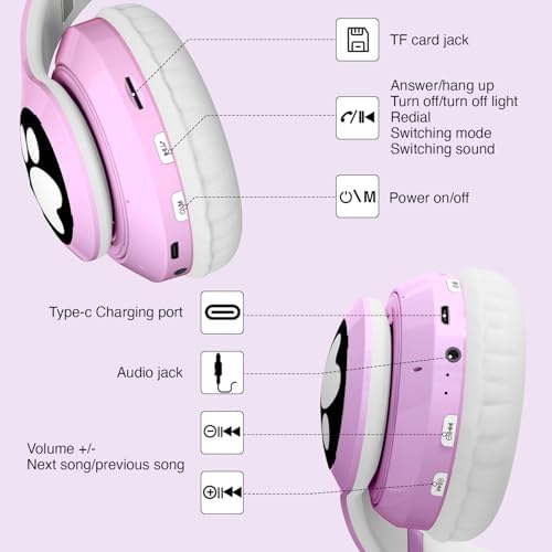 Playful Cat Ear Bluetooth Headphones for Kids – Foldable Over-Ear Design with LED Lights, Safe Listening Volume Control, Built-in Microphone, and Multi-Device Connectivity – Ideal for Music, Movies, and Gaming on i Phones, i Pads, Smartphones, and More!