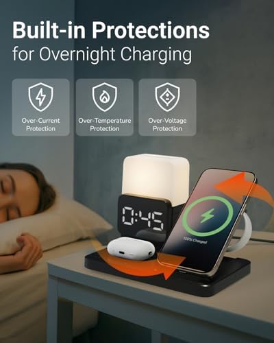Transform Your Nightstand with the M.A.D LAB Multi-Device Charging Station & Alarm Clock – Wireless Charger for Apple Watch, Air Pods, and Qi-Compatible Smartphones – Sleek Night Lamp & User-Friendly Alarm for Enhanced Sleep Environment – Fast Charging & Elegant Design