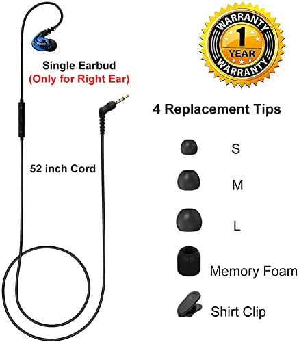 Wired Single Earbud with Mic – Mono Headphone for Active Lifestyles, Enhanced Over-Ear Hook Design for Secure Fit, Ideal for Driving, Running & Cycling, Includes Protective Case for Convenience and Clarity with Cell Phones & Laptops