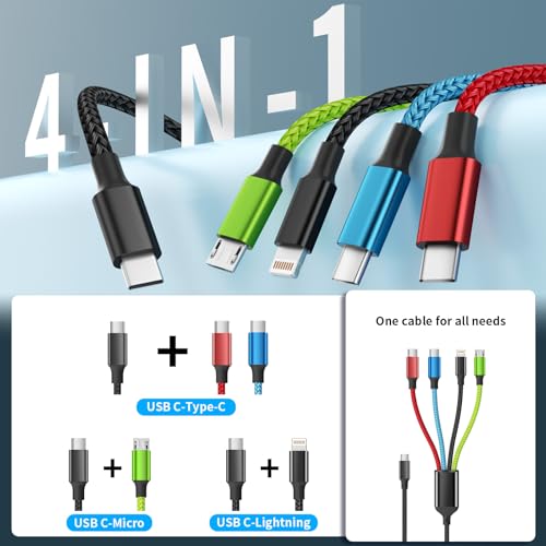 Versatile 4-in-1 Nylon Braided Charging Cable – 2 Pack, 5 FT Length, Fast Charging Universal USB Cable for Lightning, USB-C, and Micro USB Devices, Optimized for High-Speed Connectivity and Enhanced Durability, Ideal for Phones, Tablets, and More