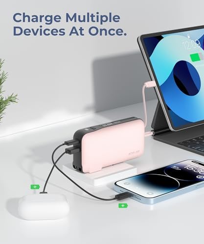 Ultimate 10,000 m Ah Portable Charger with Built-in USB-C Cable & Plug – Fast 22.5 W Power Bank for Seamless Charging of i Phone 16/15, Samsung Galaxy & i Pad – Compact Travel Essential with Triple Output Ports for Maximum Device Compatibility
