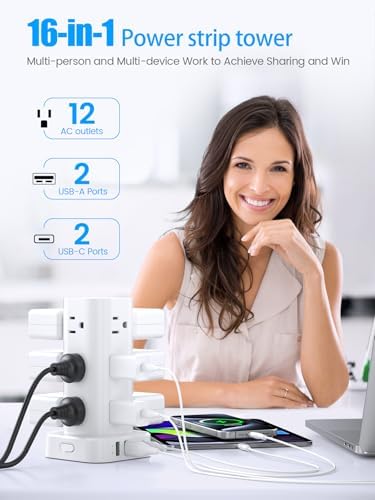 Ultimate Tower Power Strip Surge Protector – 12 AC Outlets & 4 High-Speed USB Ports (2 USB-C) with 6 FT Flexible Extension Cord – Versatile Charging Station for Home, Office, Dorm & Travel (Black) – Unmatched Safety & Space-Saving Design