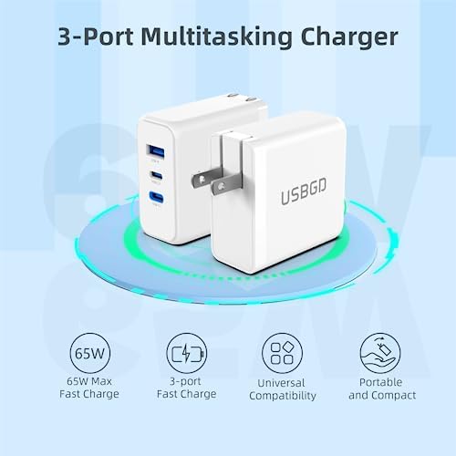 65 W USB C Charger Block – Advanced 3-Port Fast Charging Adapter for Laptops, Tablets, and Smartphones – Portable and Foldable Power Solution with PD Technology for i Phone, i Pad, Mac Book Pro/Air, Galaxy, and More – Ultimate Compatibility and Efficiency for On-the-Go Charging