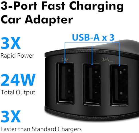 Rapid Charge USB Car Charger – 24 W Triple Port Fast Charger for i Phone 15/14/13/12/11 & Samsung Galaxy S24 Ultra/S23 – Efficient Cigarette Lighter USB Adapter for Simultaneous Device Charging – Compact Design for On-the-Go Power Solutions