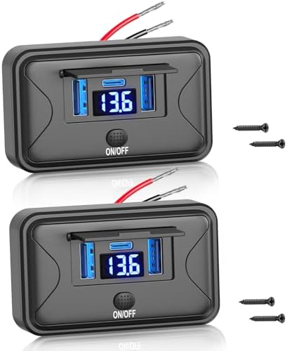 72 W 12 V USB Outlet Panel Mount Charger Duo with Voltmeter – Quick Charge for Cars, RVs, Buses & Trucks – High-Speed Charging Solution for Smartphones and Tablets – Compact, Durable, and Easy Installation