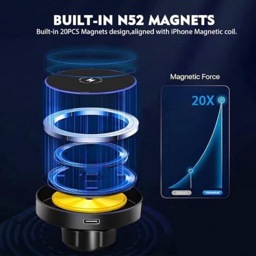 2025 Compatible with iPhone and Android Car Mount Charger for MagSafe 3-in-1 Wireless Fast Charging with Magnetic Suction Cup Mount for Windshield, Vent, or Dash, Type-C Input, 15W Output Power – Enhanced Compatibility and Speed