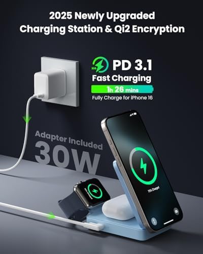 3-in-1 Qi2 Certified Wireless Charging Station – 15 W Fast Magnetic Charger for i Phone 16/15/14/13/12, Apple Watch, Air Pods – Foldable Design with 30 W USB-C Adapter for Ultimate Compatibility and Efficiency – Elevate Your Charging Experience with Enhanced Safety Features and Versatile Viewing Angles