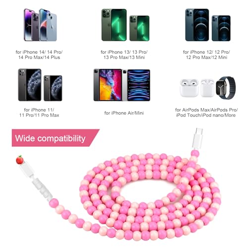 Coolden 66 W Fast Charging Cable for i Phone & i Pad – 2 M Stylish Pink USB-C to Lightning Beaded Charger – Durable, Efficient, and Compatible with i Phone 14/13/12/11 Pro Max, XR, XS, i Pad Pro/Air/Mini – Perfect for Everyday Use and Travel
