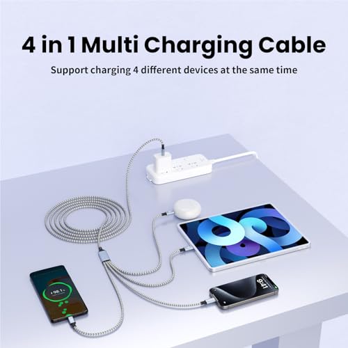 Ultra-Fast 240 W 4-in-1 USB C Charging Cable with Breathing Light Indicator – Multi-Device Compatibility for i Phone, i Pad, Samsung Galaxy, and Mac Book – 5 Ft Durable Cord in Stylish Purple for Efficient Data Sync and Enhanced Charging Performance