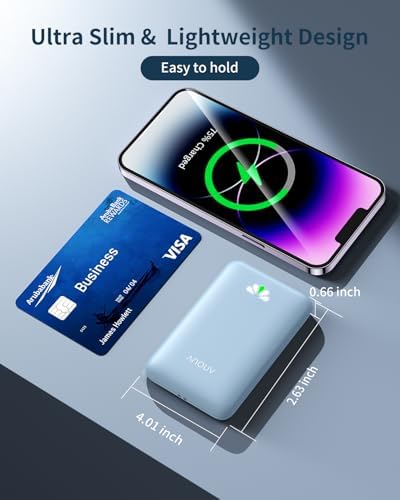 Ultra Slim ANOUV 10,000 m Ah Portable Charger – Fast Charging Power Bank with PD 22.5 W & QC 3.0 for i Phone and Android Devices – Lightweight External Battery for On-the-Go Charging Needs