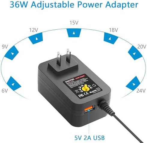 Universal 36 W Adjustable Power Supply Adapter – Multi-Voltage AC/DC Converter with 5 V 2 A USB Fast Charging Port – Ideal for Electronics, DIY Projects & Home Use – Reliable Overcurrent & Overvoltage Protection