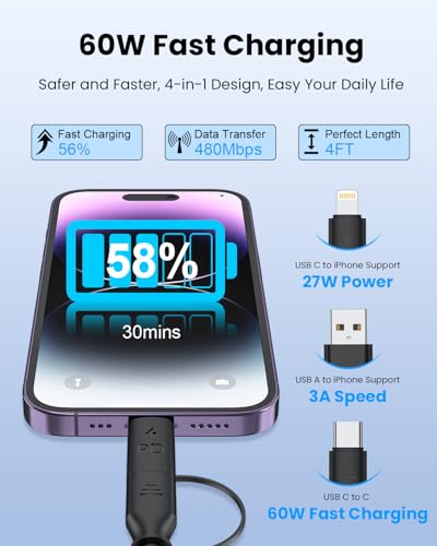 4-in-1 Retractable Lightning & USB-C Charging Cable – 60 W Fast Charge Compatible with i Phone 6-16, Perfect for Car Play and On-the-Go Power Solutions, Durable Coiled Design, 4 FT Tangle-Free Cable for Effortless Charging and Ultimate Convenience in Black