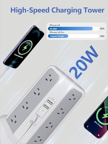 Revolutionize Your Charging Experience: 10 FT Surge Protector Power Strip Tower with 16 Outlets & 4 USB Ports – Efficient Desk Charging Station for Home, Office, or Dorm Room – Ultimate Space-Saving Solution with Robust 1625 W Power Output and Enhanced Safety Features