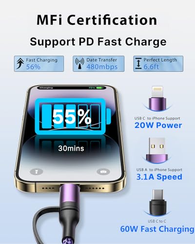 Universal 4-in-1 Multi-Device Charging Cable [2-Pack, 6.6 FT] – 60 W Fast Charging Nylon Braided Lightning & USB-C Cords for i Phone, i Pad, Samsung Galaxy, Mac Book & More – Durable & Tangle-Free Solution for Efficient Powering