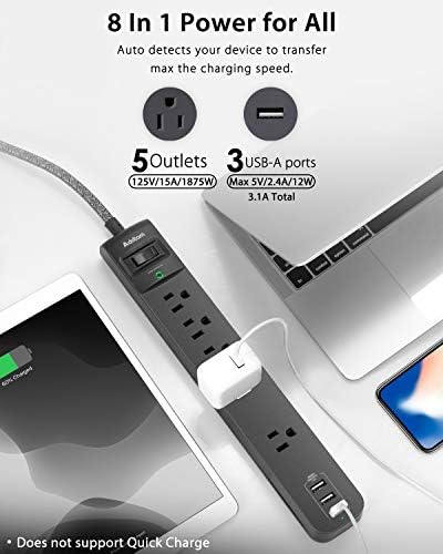 Dual Pack Surge Protector Power Strip with 5 Spacious Outlets and 3 Fast USB Ports – 1875 W/15 A Capacity for Home Office Efficiency, 6 Ft Durable Braided Cord, Smart Overload Protection, Wall Mountable Flat Plug Design for Optimal Space Utilization and Device Safety