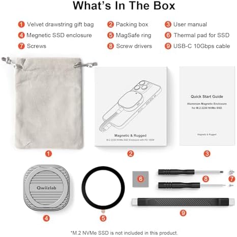 Qwiizlab Magnetic NVMe SSD Enclosure for i Phone 16/15 Pro Max – 10 Gbps USB Type-C Adapter with Kickstand, Supports PCIe M.2 M-Key up to 2 TB, Durable Aluminum Case with 100 W PD Charging Capability – Ultimate Storage Solution for Creatives and Professionals