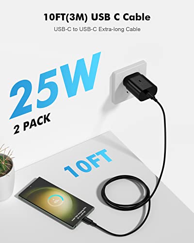 Ultra-Fast 25 W Type C Charger Duo with 10 FT USB-C Cables – Premium Samsung Galaxy Charger for S23 Ultra, S22 Series, and Z Flip/Fold Models – Rapid Charging, Enhanced Compatibility, Compact Design for Home and Travel