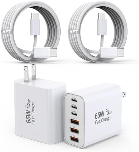 65 W Dual USB-C Charger Block – 2 Pack Fast Charging Hub with 6 ft Type C Cable – Multi-Device Power Adapter for i Phone 16 Series, i Pad, and Air Pods – Ultimate Rapid Charging Solution for Home and Travel Needs