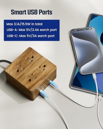 SUPERDANNY Portable USB Power Strip Surge Protector – Premium Desktop Extension Cord with 4 Spacious Outlets & 4 Advanced Smart USB Charging Ports for Home, Office, Hotel, Dorm, and RV Use – Elegant Faux Walnut Finish for Enhanced Aesthetics and Device Safety