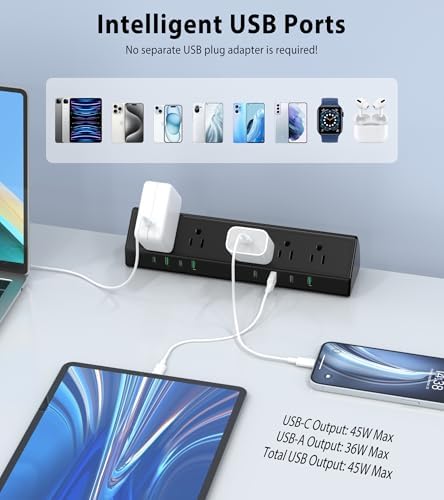 Maximize Efficiency with the 45 W Desk Clamp Charging Station – 4 PD USB-C Ports & 5 AC Outlets, ETL Listed Surge Protector for Ultimate Device Protection, 14 AWG Heavy-Duty Cord, Secure Fit for 1.9″ Tabletops (Black, 6 FT Cable) – Your All-in-One Power Solution for Home and Office