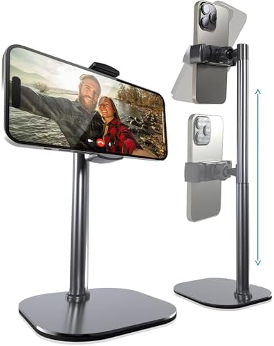 Cooper ChatStand Adjustable Cell Phone Stand for Desk & Video Recording, Rotating Cell Phone Holder for Desk for All iPhone, Samsung, Android, 9-14″ Face-Level Metal Desktop Tripod (Frost White) – Enhanced Compatibility and Speed