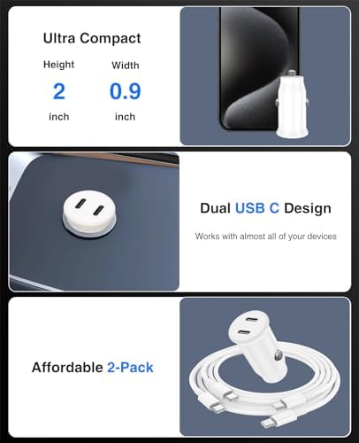 Ultimate 40 W Dual USB-C Car Charger for i Phone 16/15 & i Pad Pro – MFi Certified Fast Charging Adapter with 6 FT USB-C Cable for Galaxy S24/S23 – Premium Power Solution for On-the-Go Connectivity in Sleek White Finish