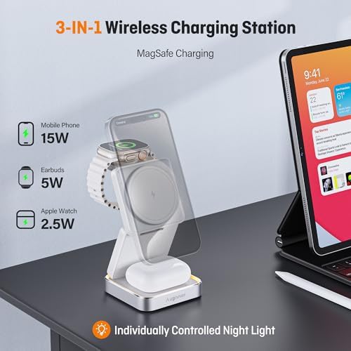 Ultimate 3-in-1 Foldable Wireless Charging Station with Night Light – 2025 Enhanced Apple Mag Safe Compatible Charger for Fast 15 W Charging, Perfect for Travel and Home Use – Stylish & Functional Design for i Phone, Air Pods, and Apple Watch