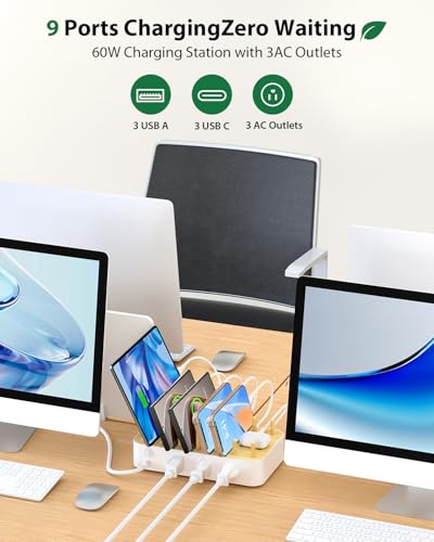 Eco-Friendly Bamboo USB-C Charging Hub – 60 W 6-Port Multi-Device Dock with 3 AC Outlets, 3 USB-C, 3 USB-A Ports, 6 Mixed Cables Included, 6.6 ft Power Cord for i Phones, i Pads & Tablets – Fast, Efficient Charging Solution with Elegant Design