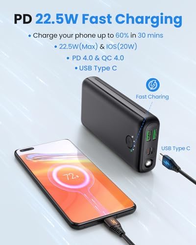 High-Capacity 30000 m Ah Portable Charger Power Bank with 22.5 W USB-C Fast Charging, PD & QC4.0 Compatibility, Triple Output Ports, Dual Input Options, and Built-In Flashlight – Ideal External Battery Pack for i Phone, Samsung Galaxy, i Pad, and More