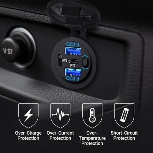 12 V Waterproof USB Charger with 4 Quick Charge 3.0 Ports – Essential Multi-Port Outlet for Marine, RV, Motorcycle & Golf Cart – Reliable Power Solution with Integrated Switch for Enhanced Device Compatibility