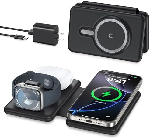 Revolutionize Your Charging Experience with the Ultimate 3-in-1 Wireless Charging Station for i Phone, Apple Watch, and Air Pods – Magnetic Foldable Design for Enhanced Portability and Fast Charging Compatibility with i Phone 16, 15, 14, 13, 12 Pro Max Plus – Effortlessly Streamline Your Tech Setup and Eliminate Cable Clutter – Durable and Stylish Solution for Home and Office Use