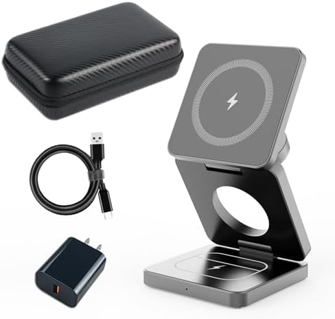 Revolutionary 3-in-1 Foldable Wireless Charging Station for Apple Devices – Ultimate i Phone 15, 14 Pro Max, 13, 12, Apple Watch 9-3, and Air Pods Pro Compatibility in a Compact Design (Black) – Streamlined Charging Efficiency and Portability for Tech Enthusiasts
