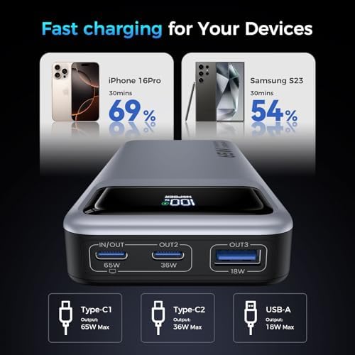 High-Capacity 26800 m Ah Portable Charger – 65 W PD3.0 Power Bank with Digital Display for Rapid Charging of Laptops, i Phones, i Pads, Steam Deck & More – Sleek Black Design for Ultimate Portability and Versatile Compatibility