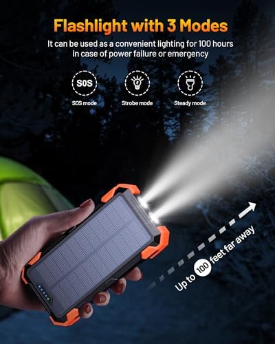 Ultimate GOODaaa Solar Power Bank – 42,800 m Ah High-Capacity Portable Charger with 20 W Fast Charging, Integrated Cables, Wireless Charging for Apple Watch, LED Flashlight, Carabiner & Built-in Thermometer – The Essential Outdoor Power Solution for Adventurers and Travelers