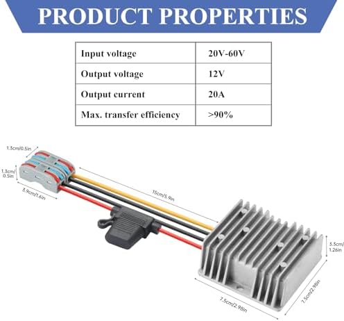 High-Efficiency Waterproof DC/DC Buck Converter: Versatile 20-90 V to 12 V Voltage Regulator for Automotive LED Systems and Heavy-Duty Applications – 20 A Output, 240 W Power Capacity for Reliable Performance in Challenging Environments