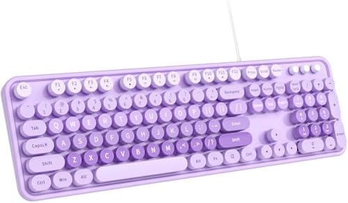 Retro Blue MOFII Wired Computer Keyboard: Stylish USB Plug-and-Play Typewriter Design for Enhanced Typing Comfort – Full-Size with Foldable Stands for Laptop & PC, Perfect for Home & Office Use