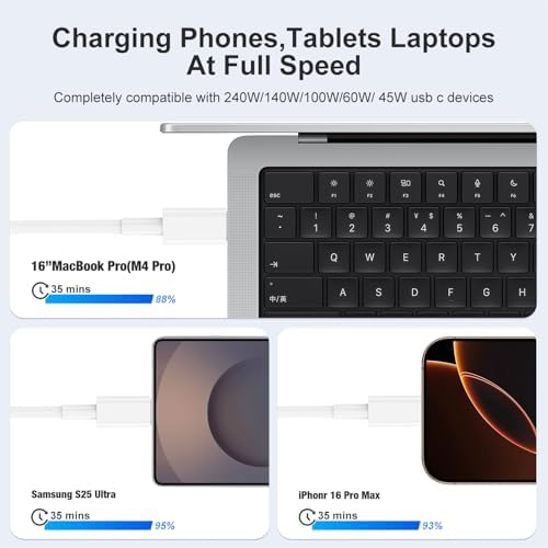 240W USB C Charging Cable for MacBook Pro/Air & for iPhone 16/15 Pro Max, MFi Certified 48V/5A Super Fast Charger Cord 6ft, PD 3.0 Compatible with iPad Pro 12.9/11, Samsung S25/S24(2-Pack) – Enhanced Compatibility and Speed