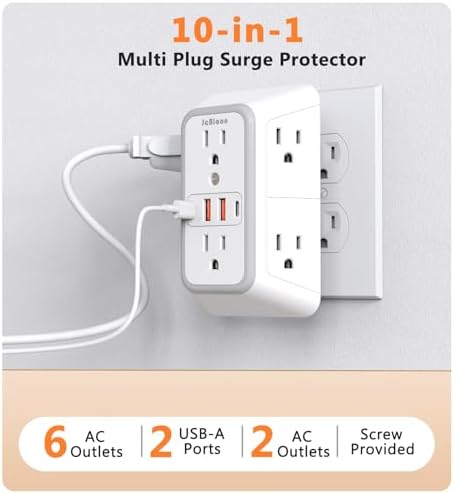 Advanced USB Wall Charger Power Strip Surge Protector with 4 USB Ports (2 USB-C) – Multi Outlet Adapter for Home, Office, and Travel, White (Black) – Unmatched Speed and Safety for Modern Devices