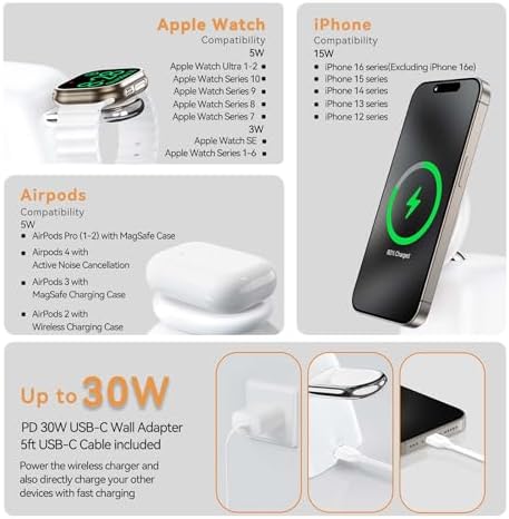 Advanced Wireless Charging Station: 15 W Fast Mag-Safe Charger for i Phone 16/15/14/13/12 Series & 5 W Magnetic Stand for Apple Watch Ultra/SE/Air Pods – Compact 2-in-1 Travel Solution in Sleek Black for Ultimate Device Compatibility and Efficiency
