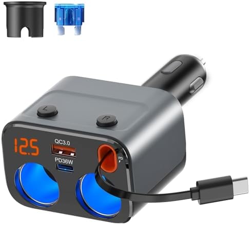 High-Power 180 W Retractable Car Charger with Dual QC 3.0 & PD 36 W Fast Charging | Integrated LED Voltmeter & Replaceable 15 A Fuse for Enhanced Safety | Multi-Device Cigarette Lighter Splitter for GPS, Dash Cams & Smartphones | Tangle-Free PD 30 W Lightning Cable Included
