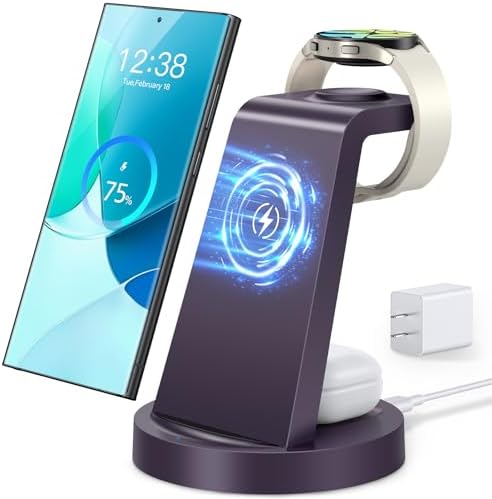Revolutionary 3-in-1 Wireless Charging Station for Samsung Devices: Fast Charging Dock for Galaxy Watch 7, 6, 5, 4, 3 Pro, Classic & Galaxy Buds – Sleek Stand Compatible with S25, S24 Ultra, S23, S22, S21, Note, and Z Fold – Optimal Efficiency and Stylish Design for Home or Office Use
